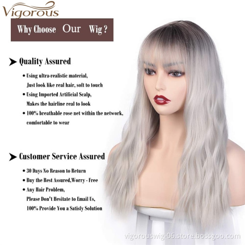 Vigorous Long Wavy Wig With Flat Bangs 100% Heat Resistant Synthetic Sliver Gray Wig Natural Looking Machine Made Wigs For Women